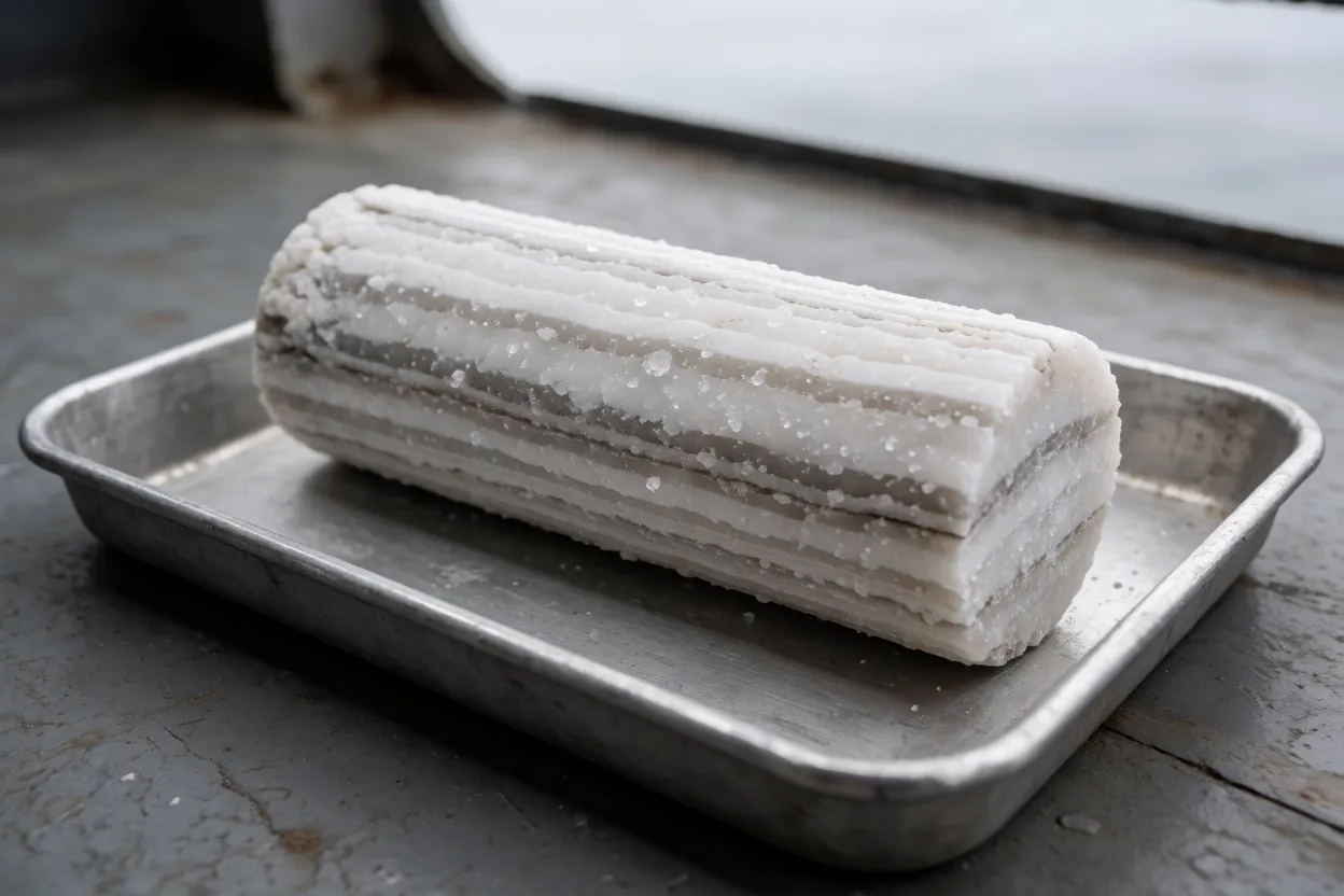 A cylinder of pale banded rock salt lying in a metal tray on a ship's deck