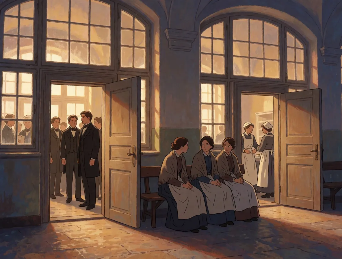 A painted hospital corridor with two wooden doorways, physicians entering one and midwives the other