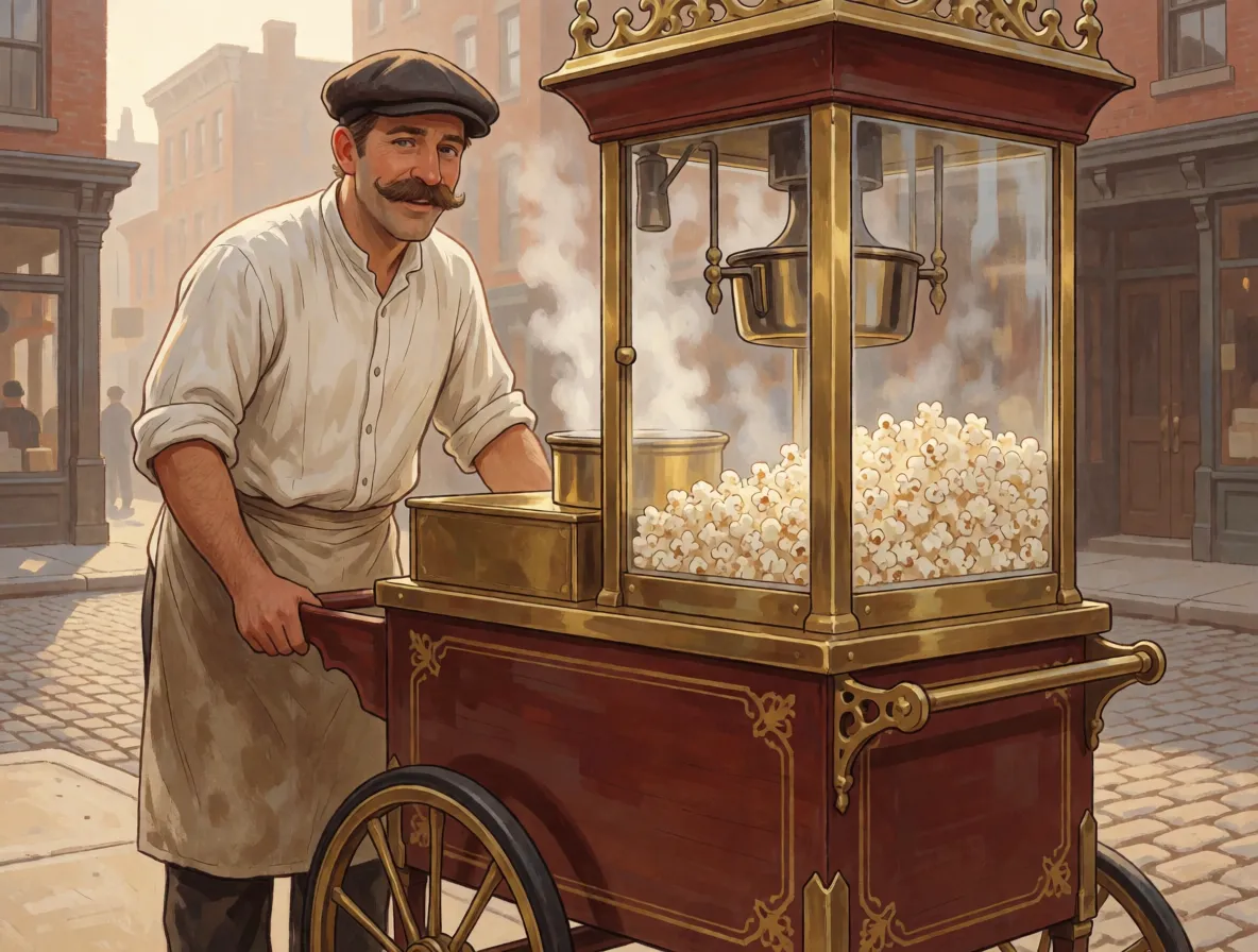 A cheerful 1890s street vendor with a brass and glass popcorn cart on a city sidewalk, steam rising