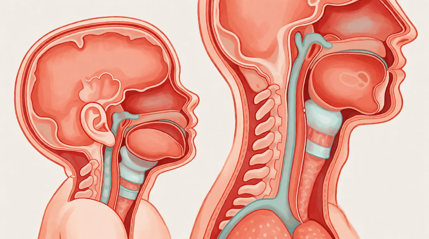 Two side-by-side cutaway drawings of a baby's throat and an adult's throat, showing the voice box high in one and low in the other