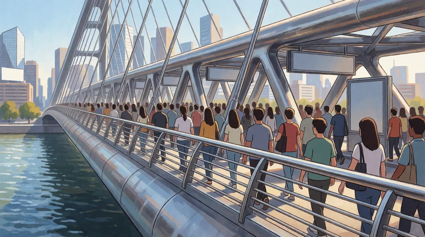 A dense crowd of people crossing a modern footbridge, many of them holding the handrails