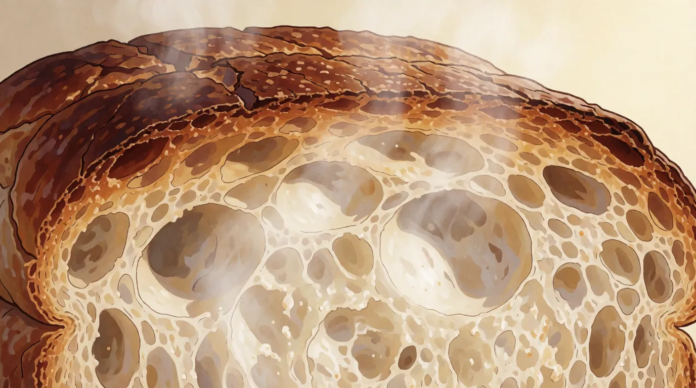 A hugely magnified painted cross-section through the surface of a slice of toast, dark and crisp on top, pale and soft underneath