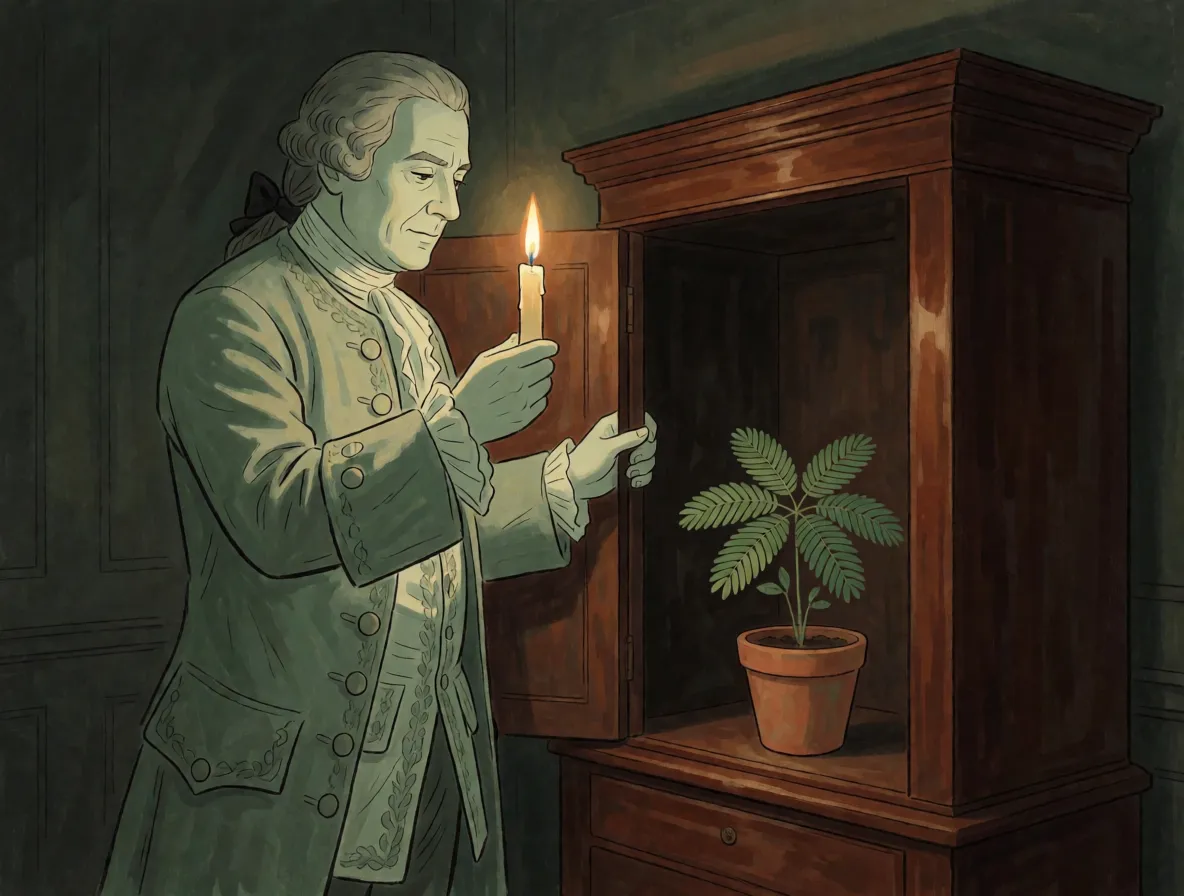 A man in a candlelit study opening a dark cupboard holding a potted plant