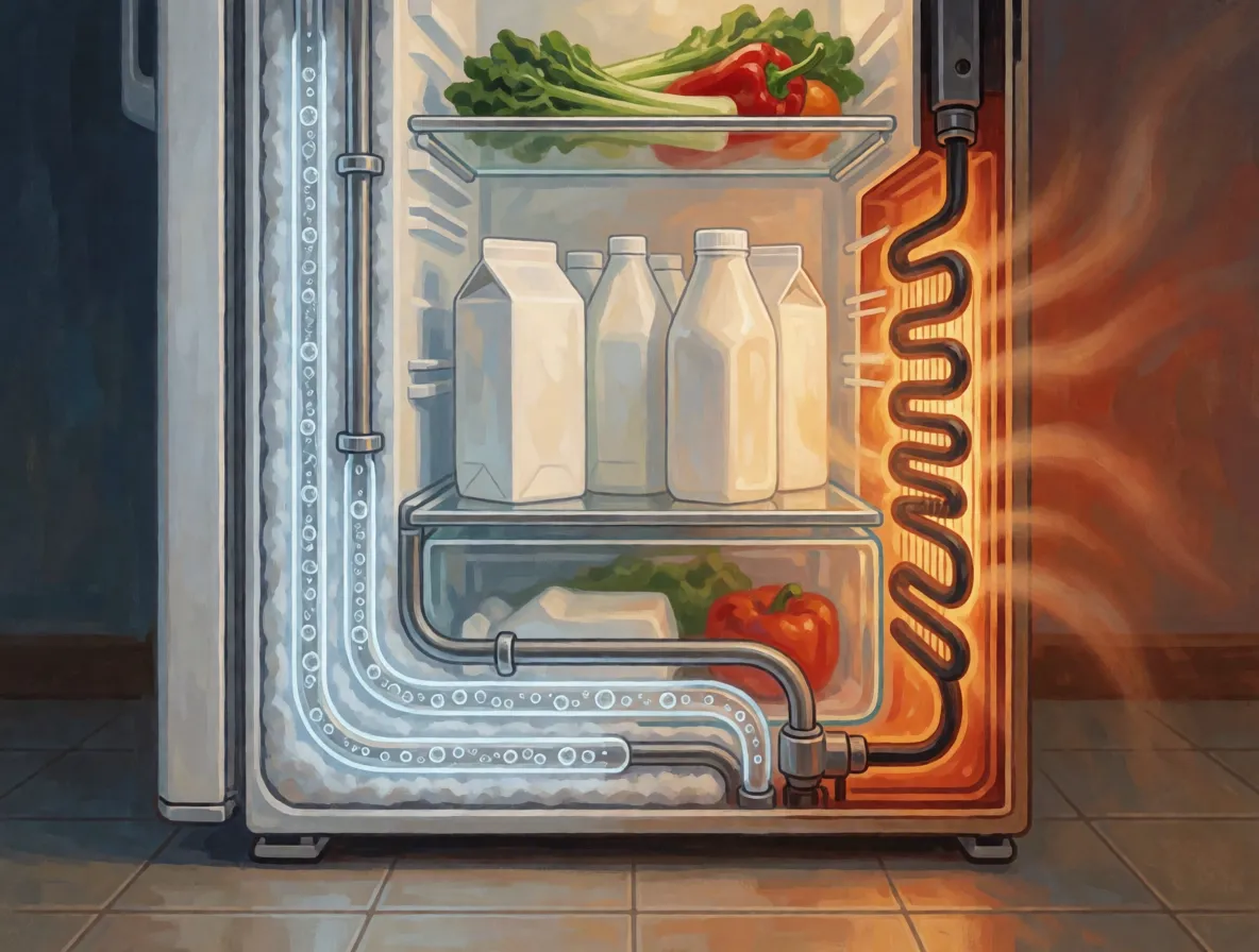 A cut-through refrigerator with a pale blue pipe inside and a glowing black coil behind