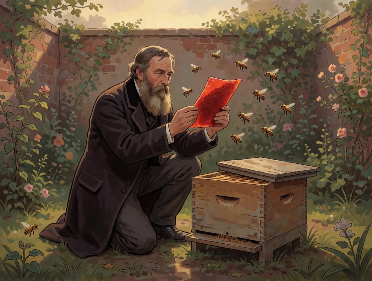 A bearded Victorian naturalist kneeling by a wooden beehive in a garden, holding up a thin sheet of red wax