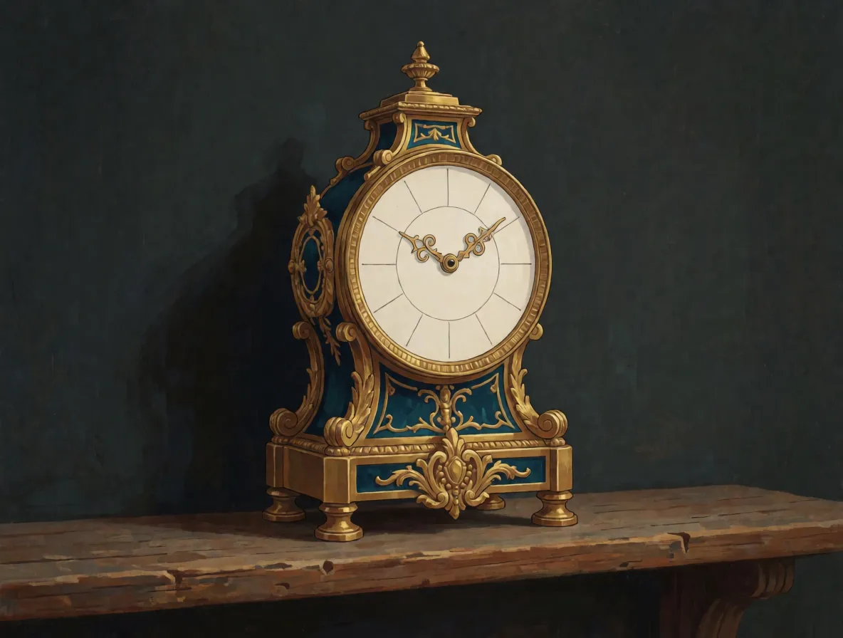 An ornate French mantel clock from the seventeen nineties standing alone on a bare wooden shelf