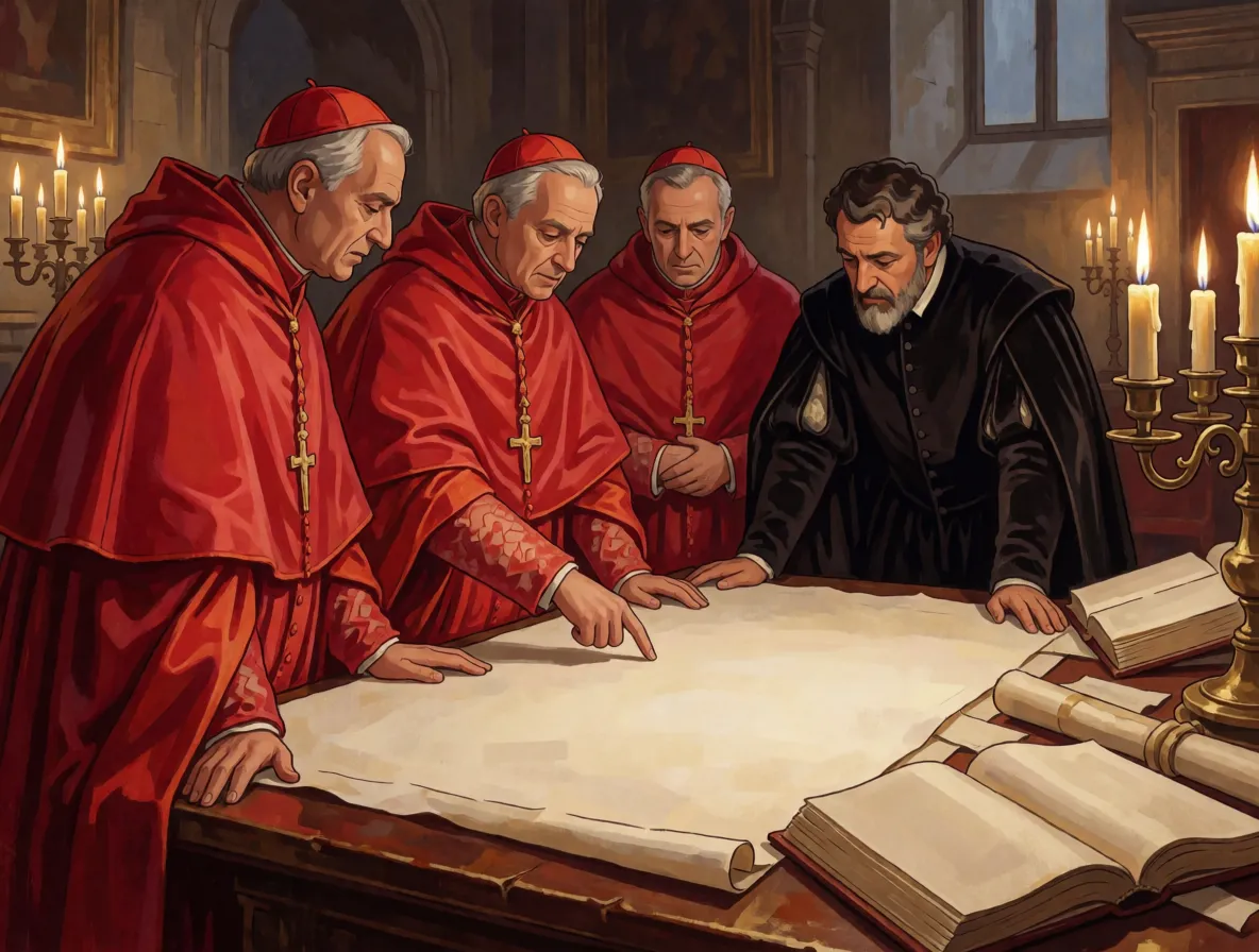 Cardinals and an astronomer in sixteenth century dress examining a large blank calendar chart spread on a table