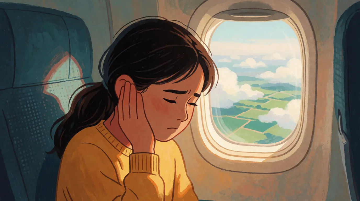 A twelve-year-old girl in a plane window seat during descent, one hand cupped over her ear, looking uncomfortable