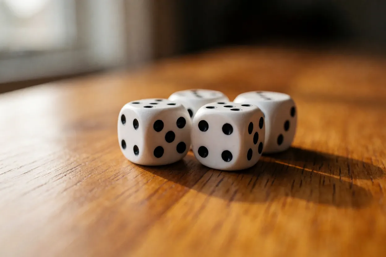 Four white dice on a sunlit table