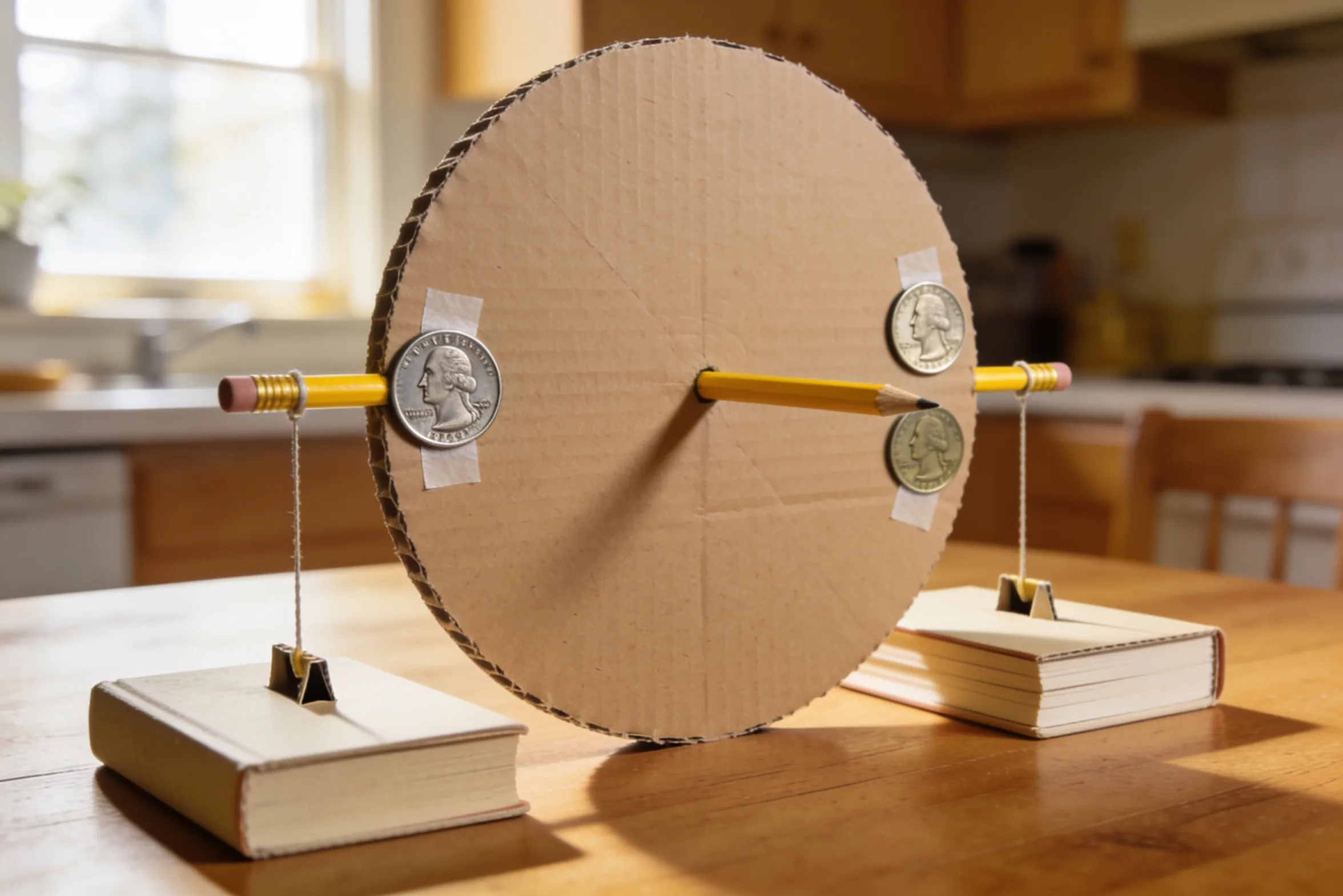 A cardboard circle on a pencil between two stacks of books, with coins taped to it