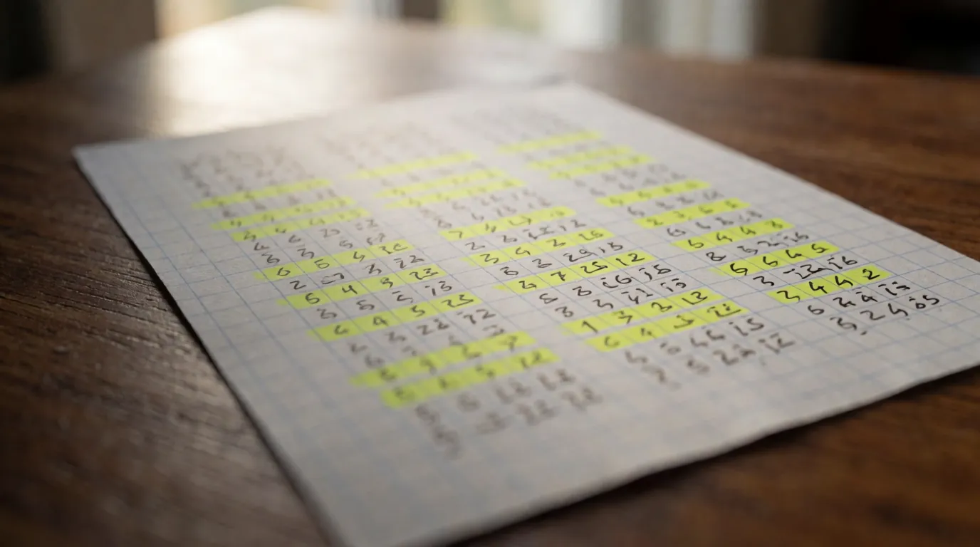 A photograph of a handwritten table of numbers and their divisors on squared paper, with several rows highlighted