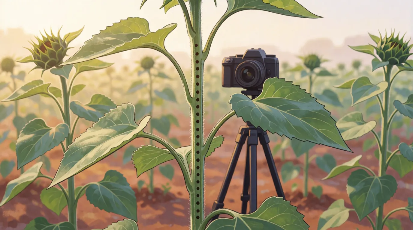 A young sunflower stem marked with ink dots, a camera on a tripod behind it