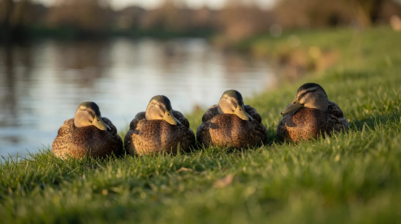 Four ducks resting in a row, the two on the outside each keeping one outward-facing eye open