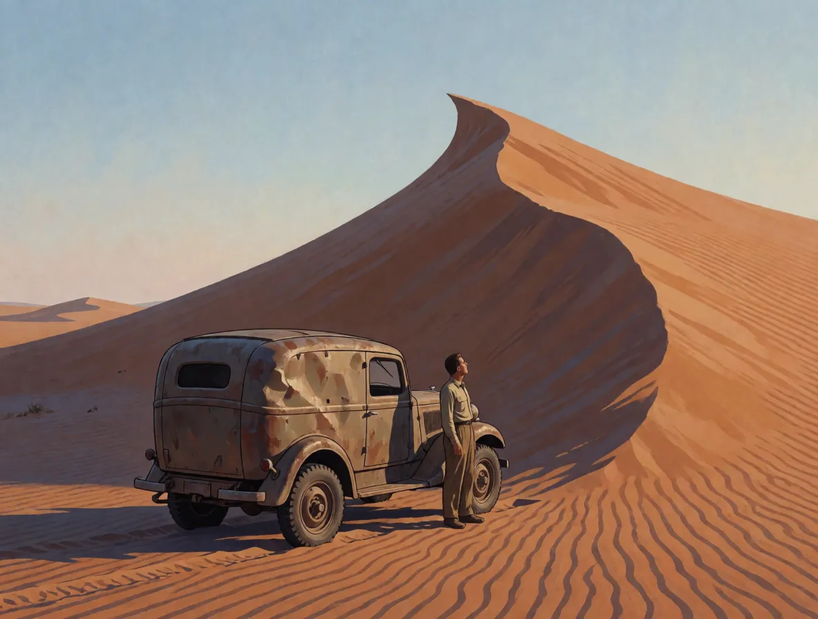 A nineteen thirties expedition car parked beside an enormous curved sand dune in a desert, one man standing looking up at it