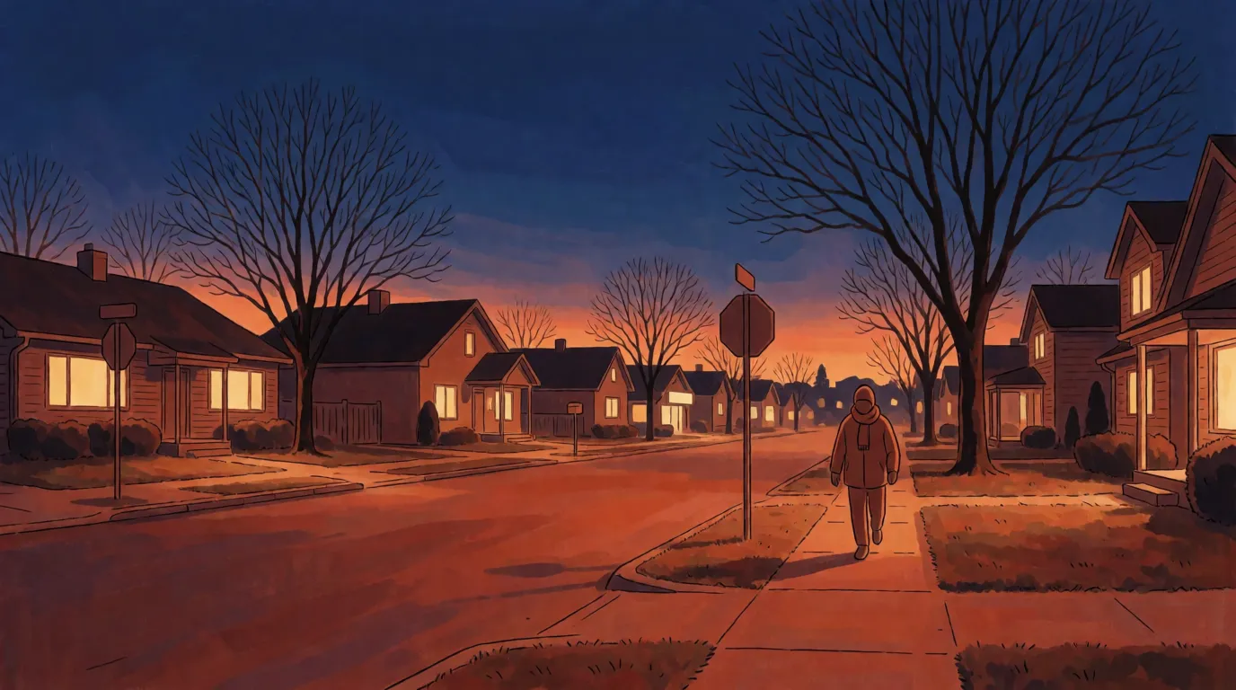 A winter street at dusk with lit windows and a low orange sky behind bare trees
