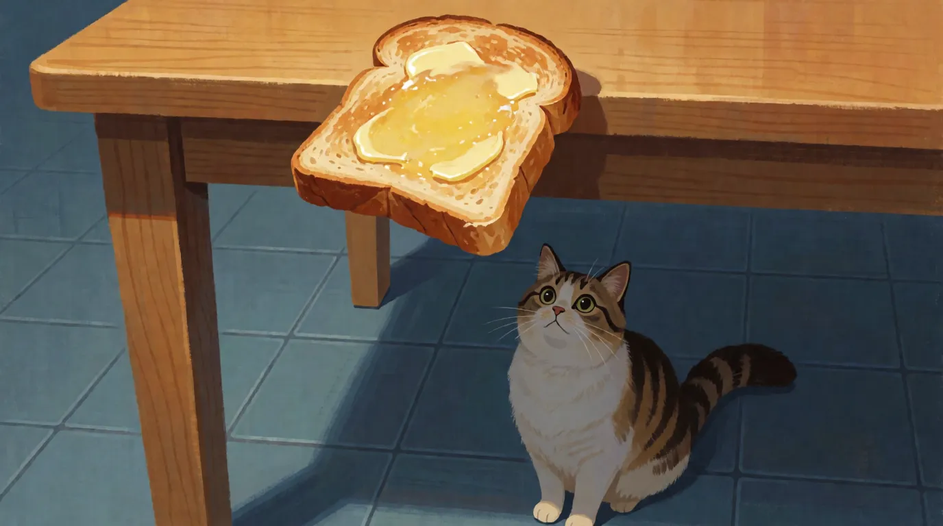A slice of buttered toast tipping over the edge of a kitchen table, already turning, with a cat watching from below