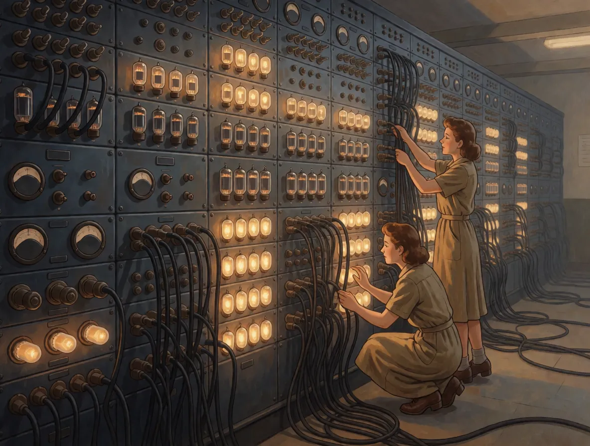 Two women in 1940s clothes at a wall of dark panels studded with rows of glowing glass tubes