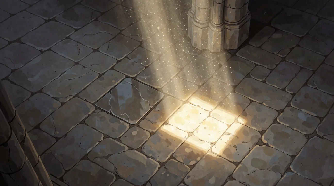 A stone church courtyard with a shaft of sunlight falling well away from a marked spot on the floor
