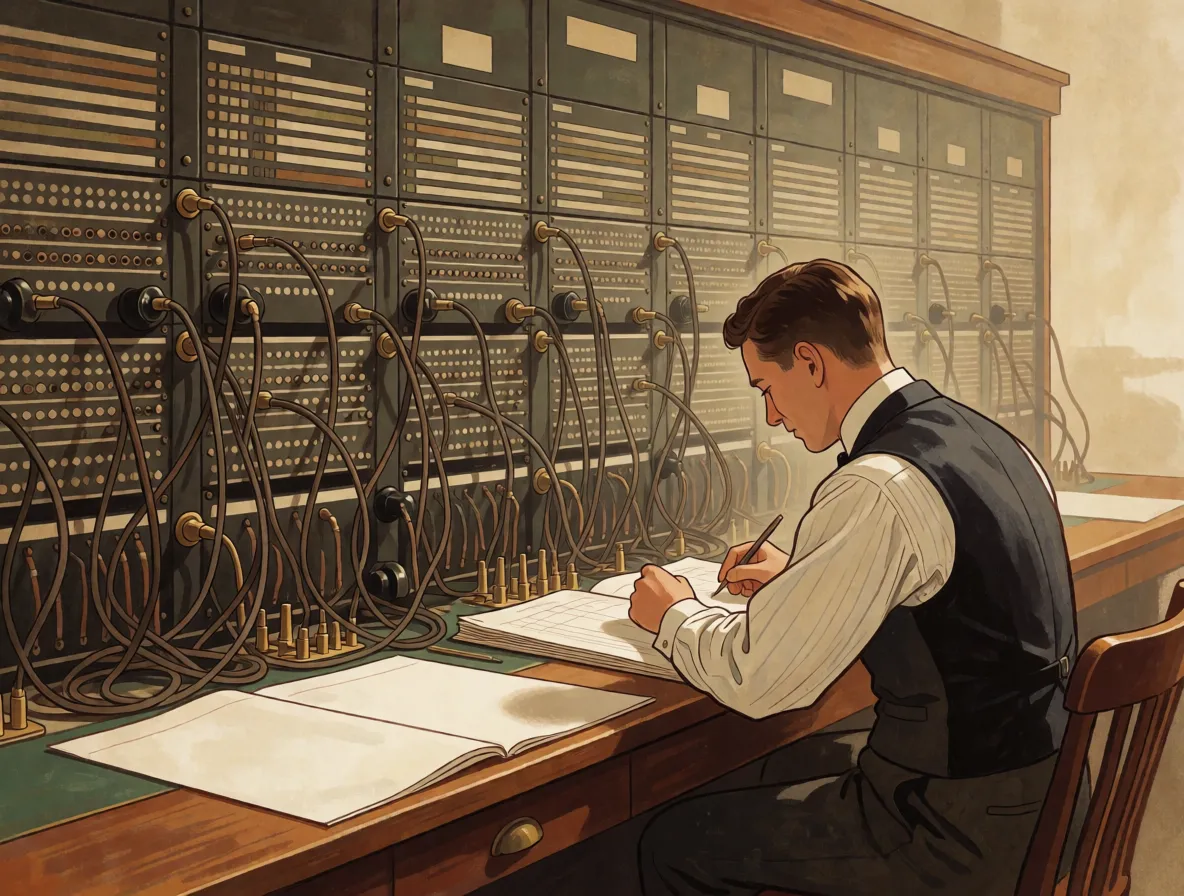 A man in early nineteen hundreds clothing at a desk beside a wall of telephone switchboard equipment, working through calculations