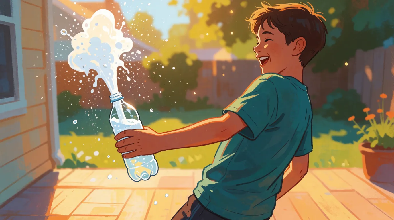 A thirteen-year-old outdoors holding a bottle of fizzy drink at arm's length as foam surges out of the neck