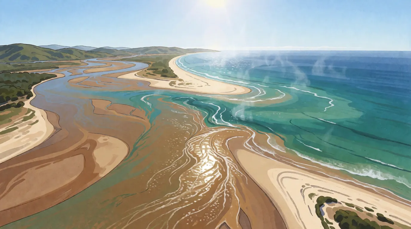 A brown river fanning out into a blue-green sea under a hot sun, haze rising off the water