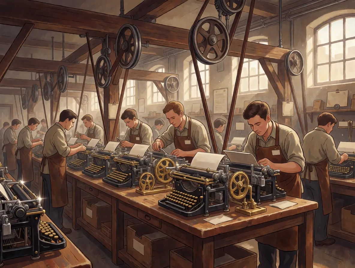 A nineteenth century workshop with rows of typewriters being assembled by workers at long benches
