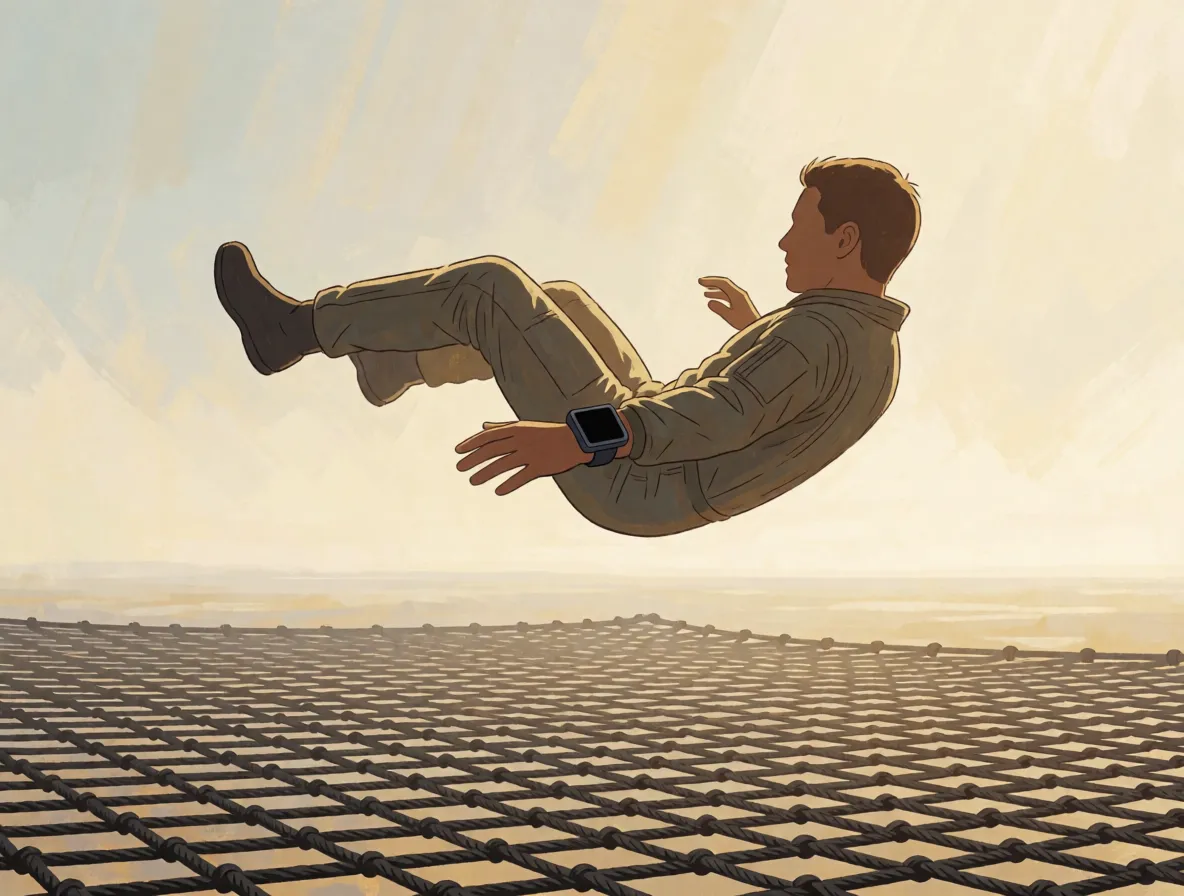 A person falling backward toward a large safety net with a small display strapped to their wrist