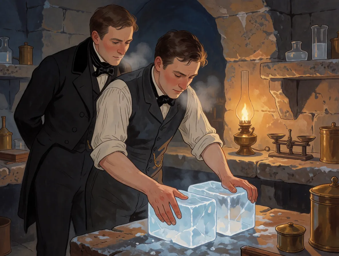A man in Victorian clothing pressing two blocks of ice together in a cold laboratory while another watches