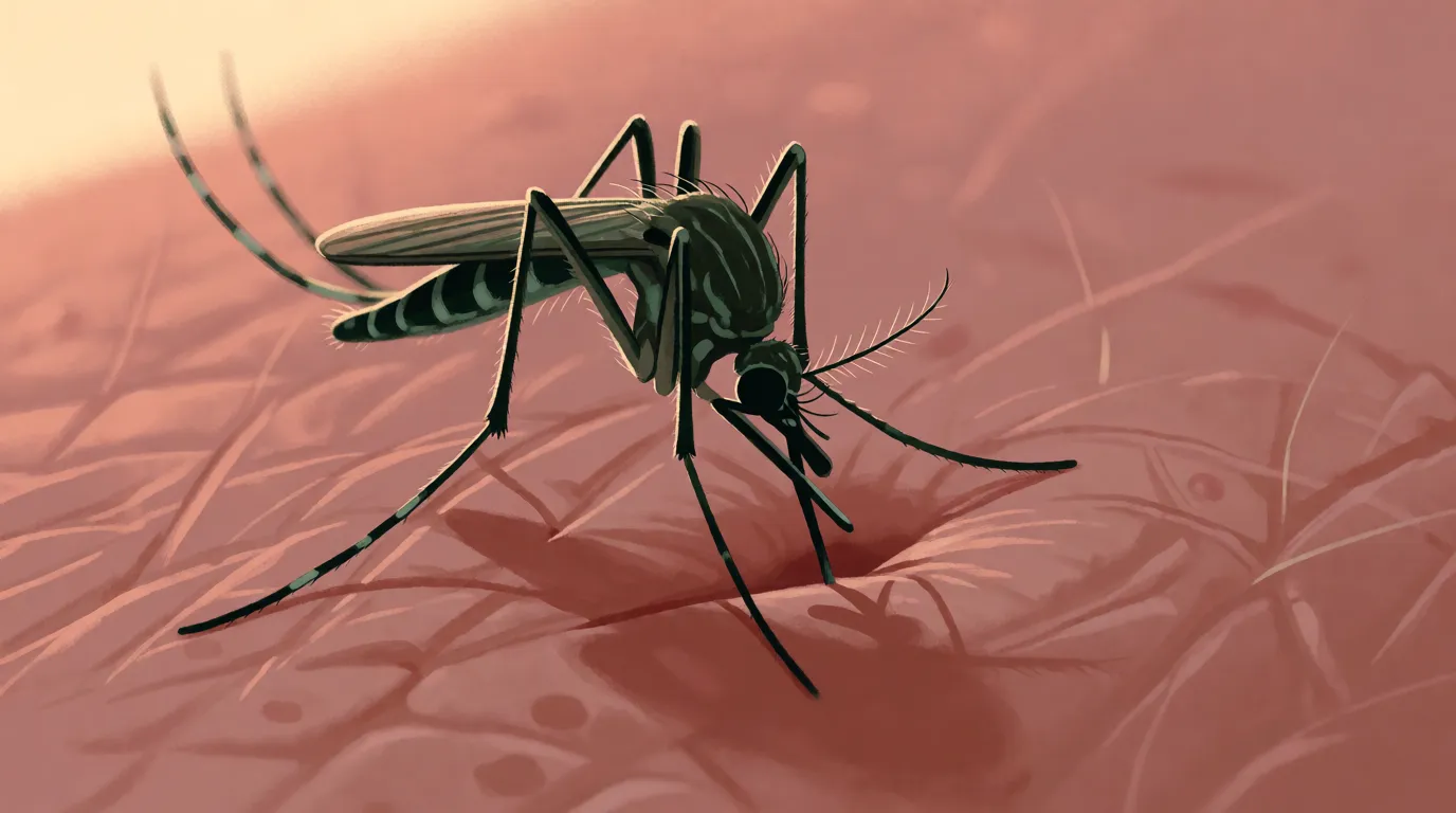 A close view of a mosquito standing on human skin with its mouthpart pushed down into the surface
