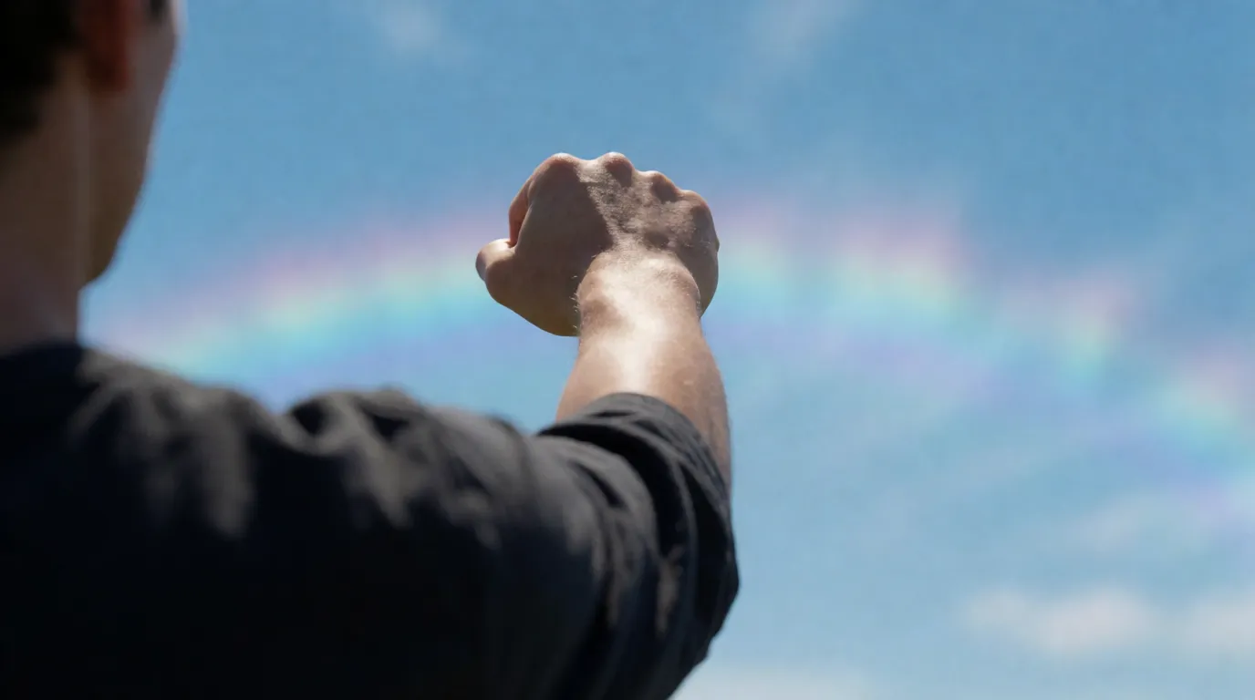 A photograph of a person holding a fist out at arm’s length against a bright sky, measuring an angle