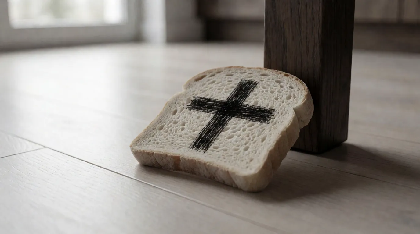 A photograph of a slice of dry bread lying on a kitchen floor beside a table leg, a large pen cross on its upper face