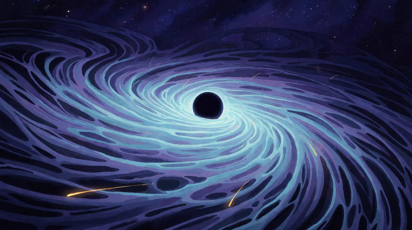 A painted swirling current of pale blue light pouring inward toward a small black sphere