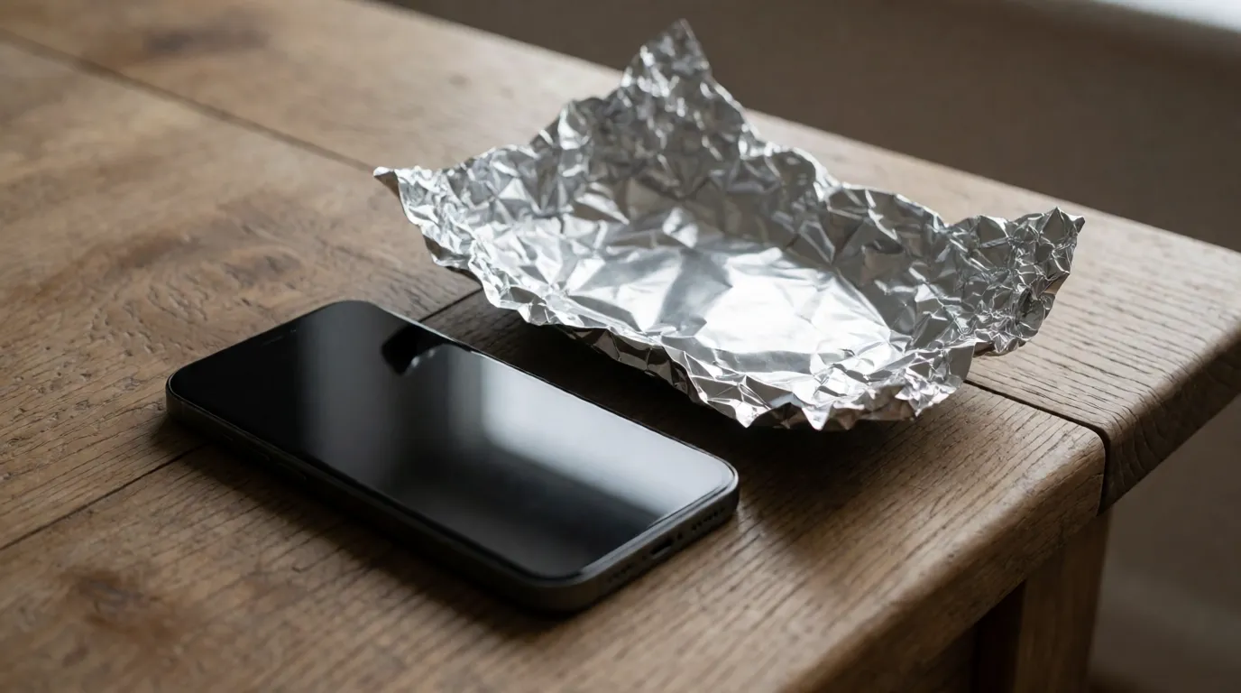 A photograph of a smartphone lying on a table beside a loosely crumpled sheet of kitchen foil