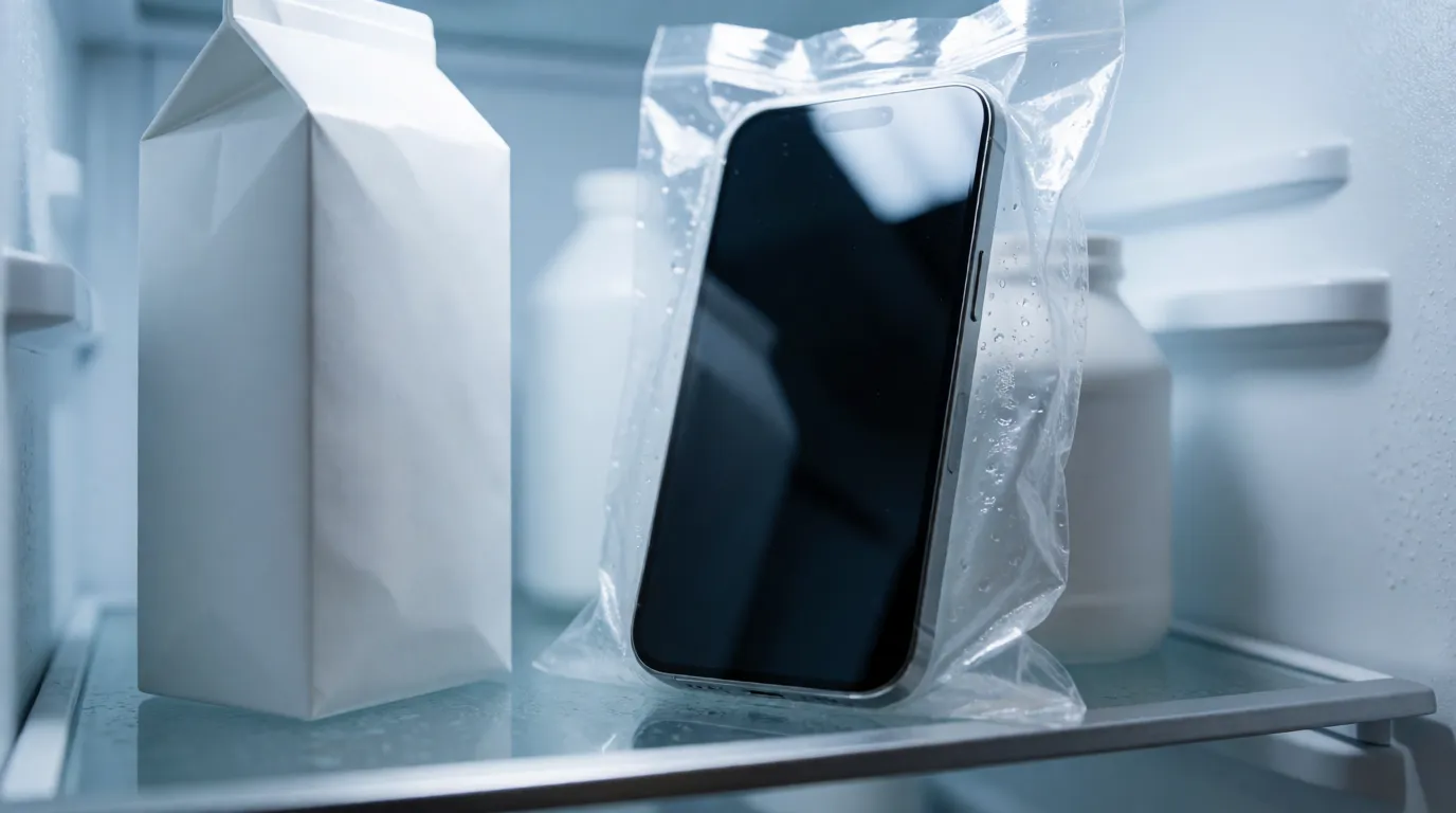 A photograph of a smartphone sealed inside a clear plastic food bag standing on a fridge shelf beside a carton