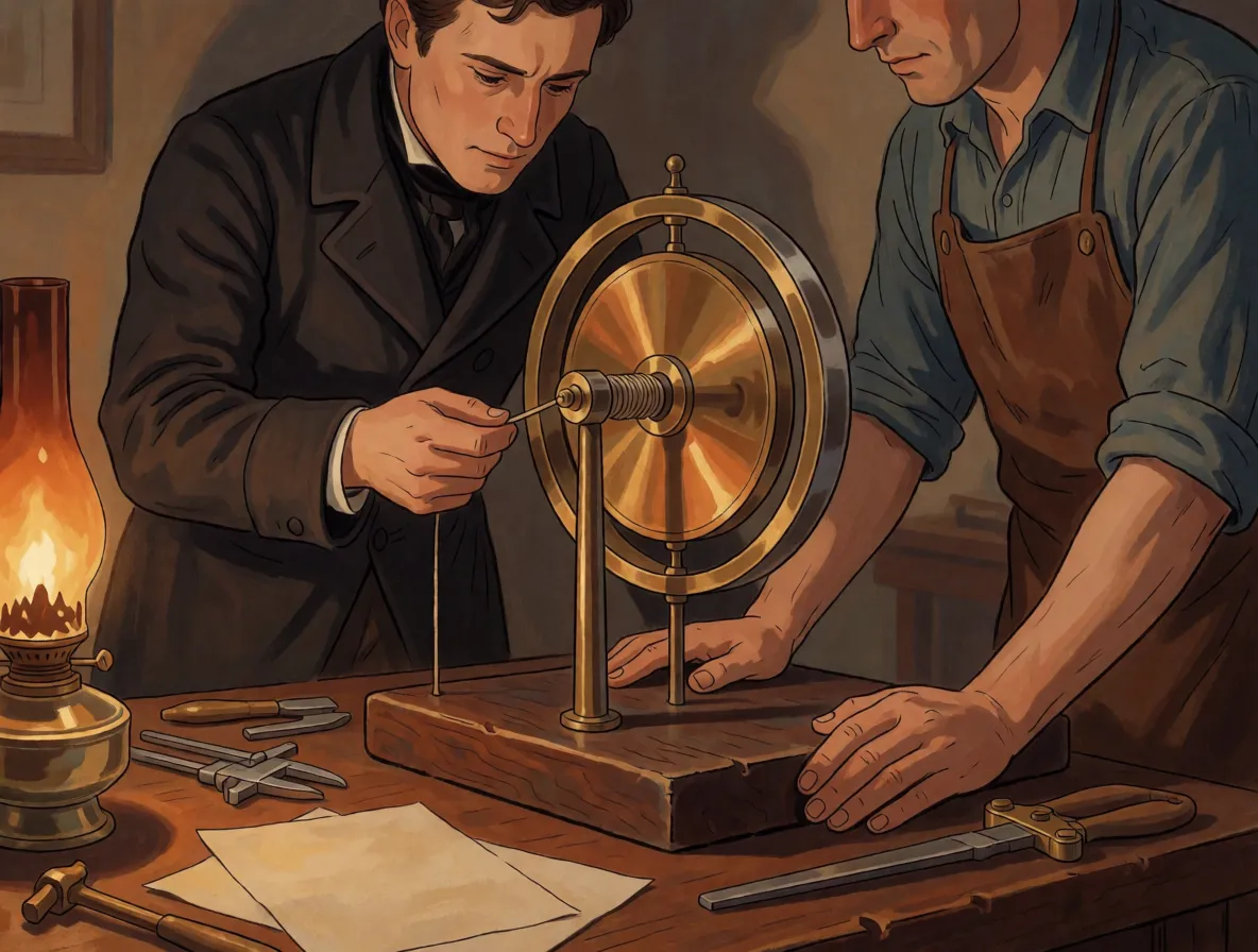 Two men in a lamplit workshop spinning a bronze wheel held inside brass rings