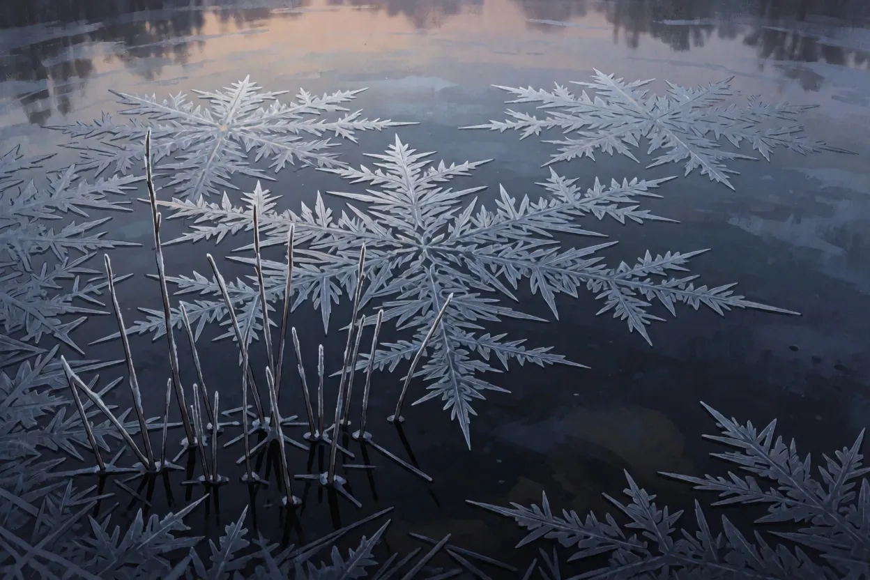 A thin sheet of ice spreading across dark pond water in feathery branching spikes