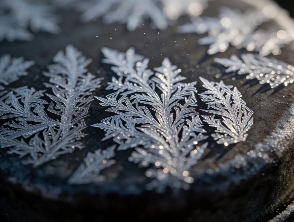 Close-up photograph of feathery frost crystals on a dark metal surface