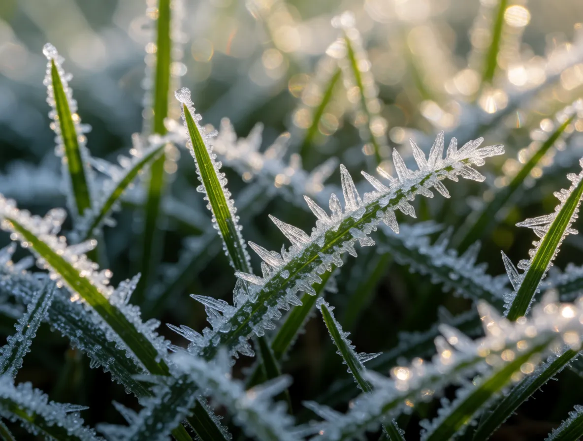Close-up photograph of white frost crystals coating blades of green grass at sunrise