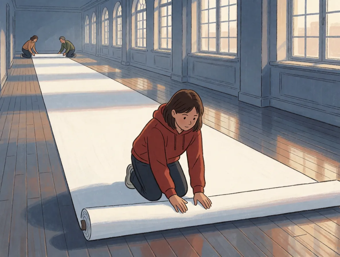 A teenage girl kneeling on the floor of a long hall, smoothing out an enormous run of white paper that disappears into the distance behind her
