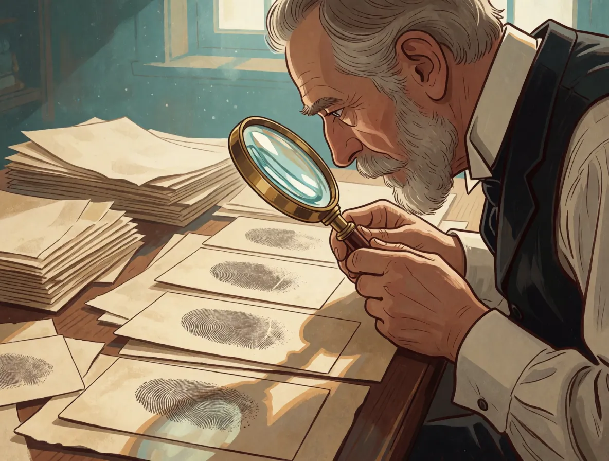 A Victorian scientist comparing inked fingerprint cards under a magnifying glass in a study