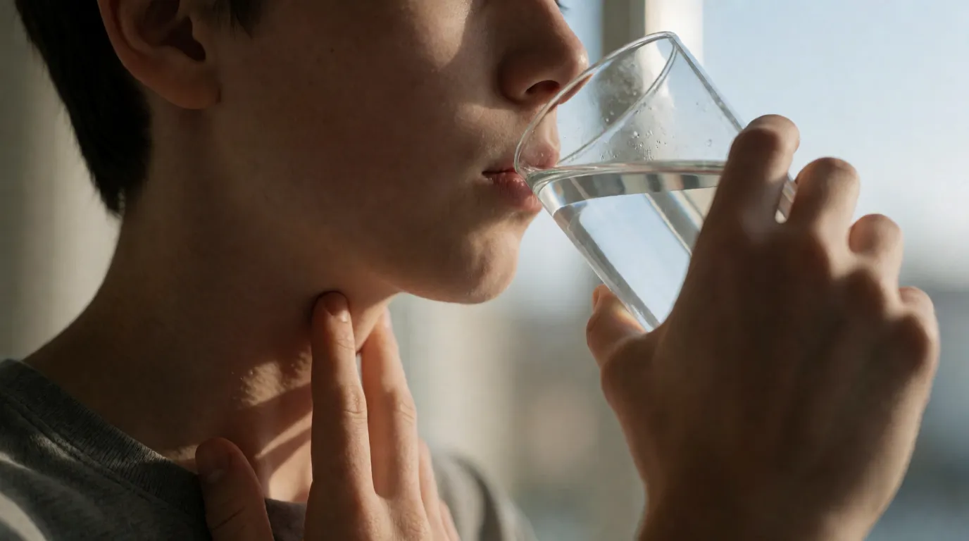 A photograph of a person holding two fingers against the front of their throat while drinking from a glass of water