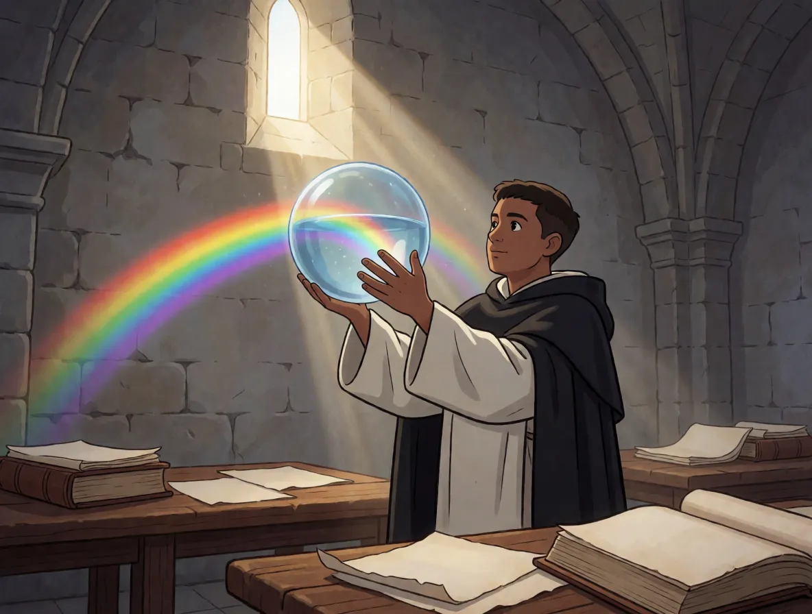 A monk in medieval robes holding a large glass sphere full of water up in a beam of sunlight from a window