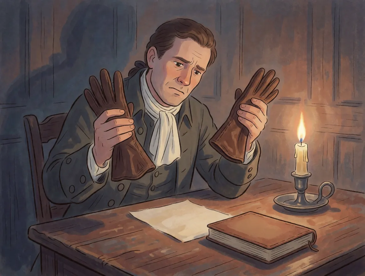 A painted scene of a man in his forties in 1760s clothing at a candlelit table, holding up two leather gloves