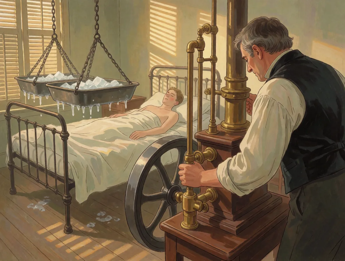 A doctor beside a wooden ice-making machine in a shuttered sickroom, ice basins hanging above a bed