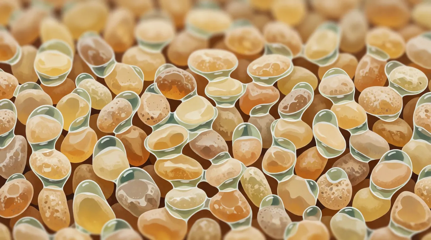 A close view of damp sand grains with tiny curved collars of water where the grains touch