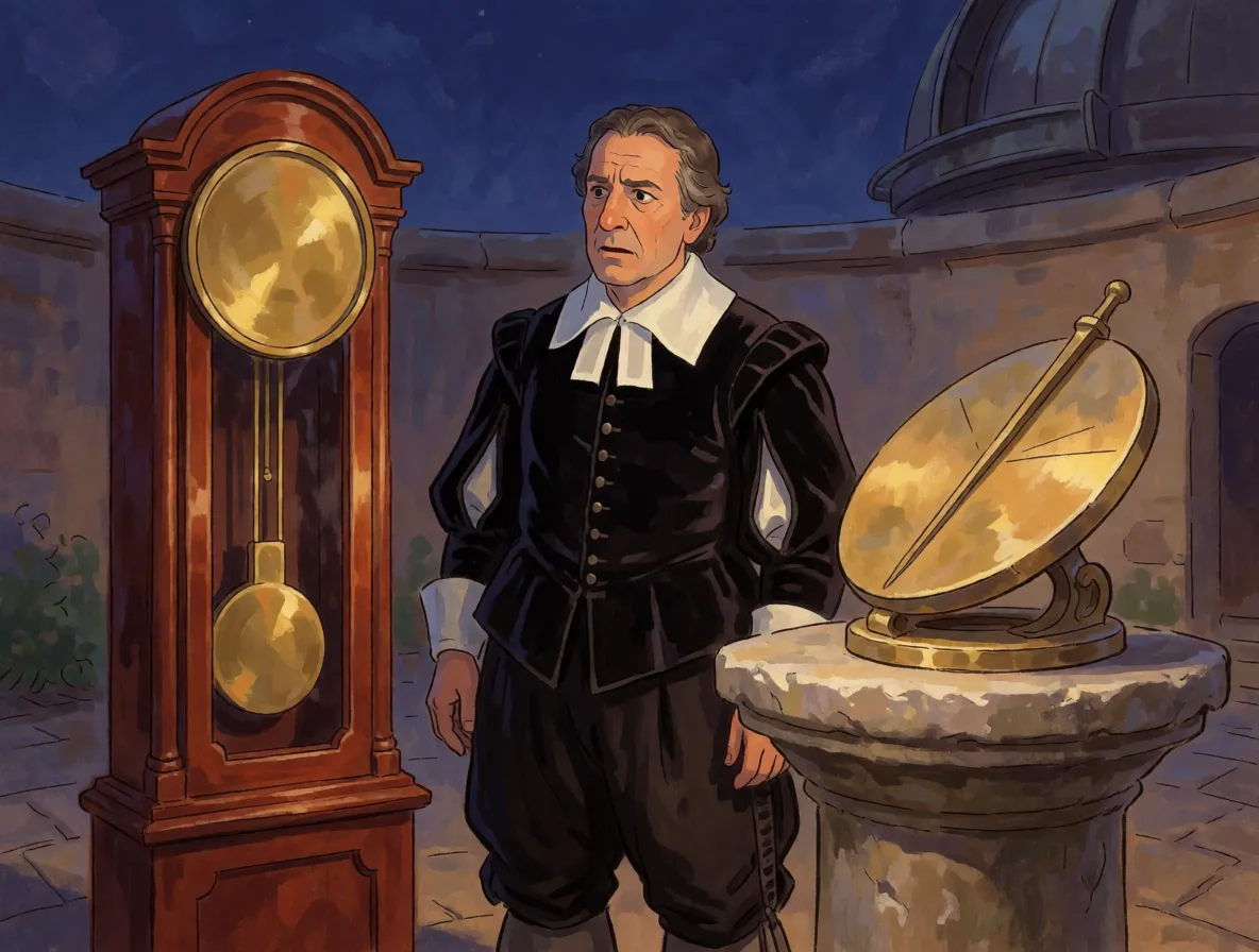 An astronomer in seventeenth century clothing comparing a tall pendulum clock with a sundial in an observatory courtyard