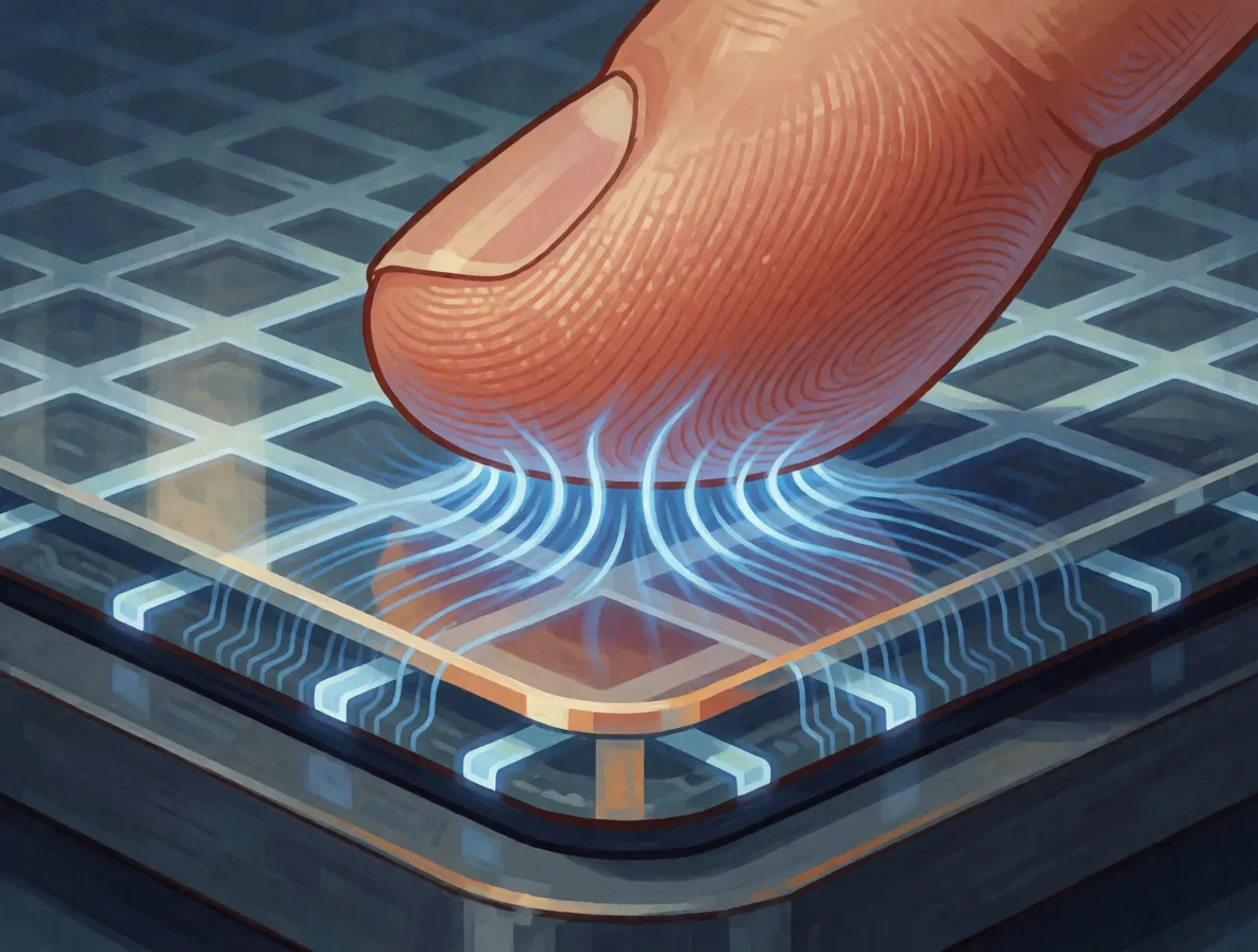 A painted close-up of a fingertip on glass above a glowing lattice of crossed strips, with light curving up into the finger
