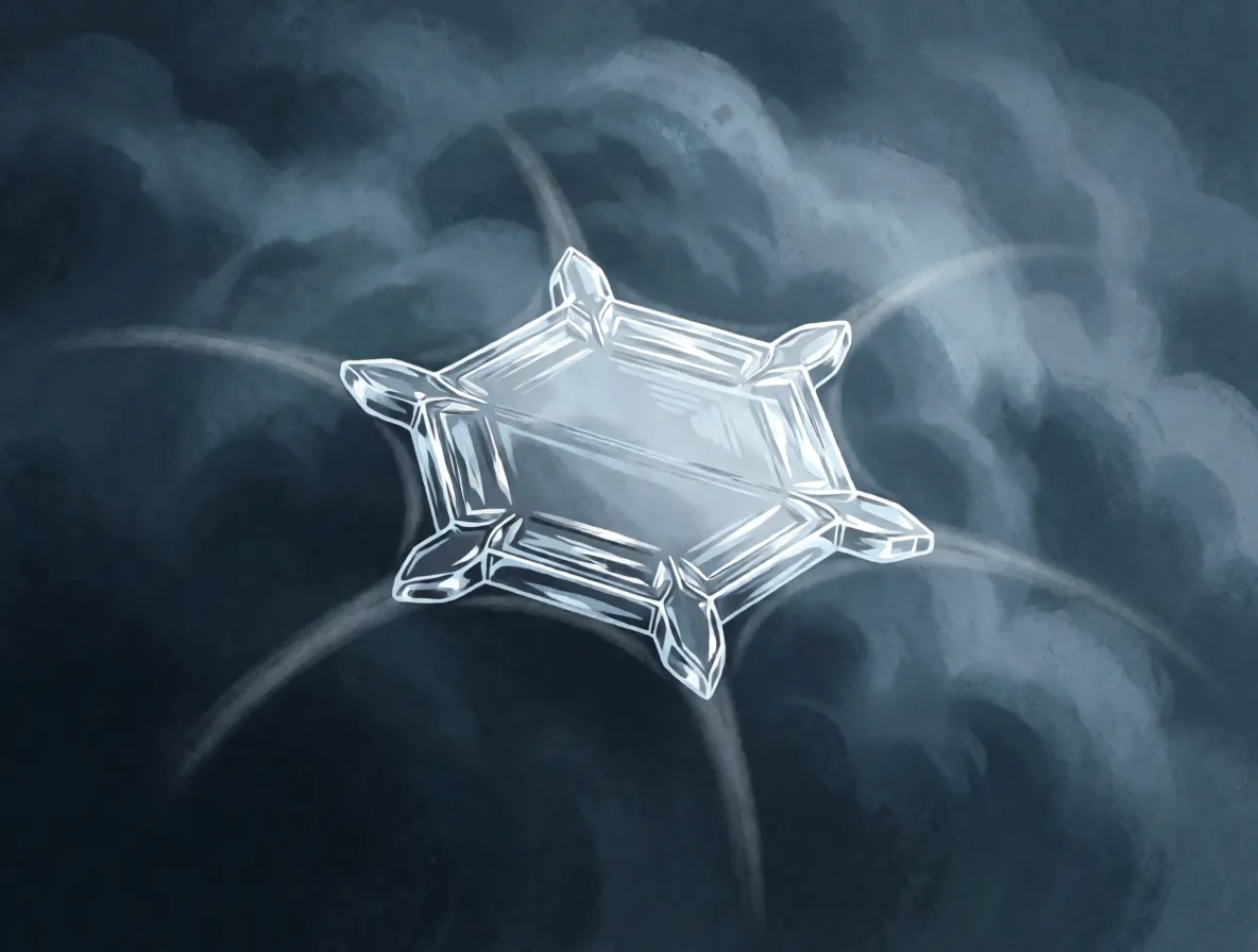 A young six-sided ice crystal against a dark cloud, with short spikes budding from its six corners