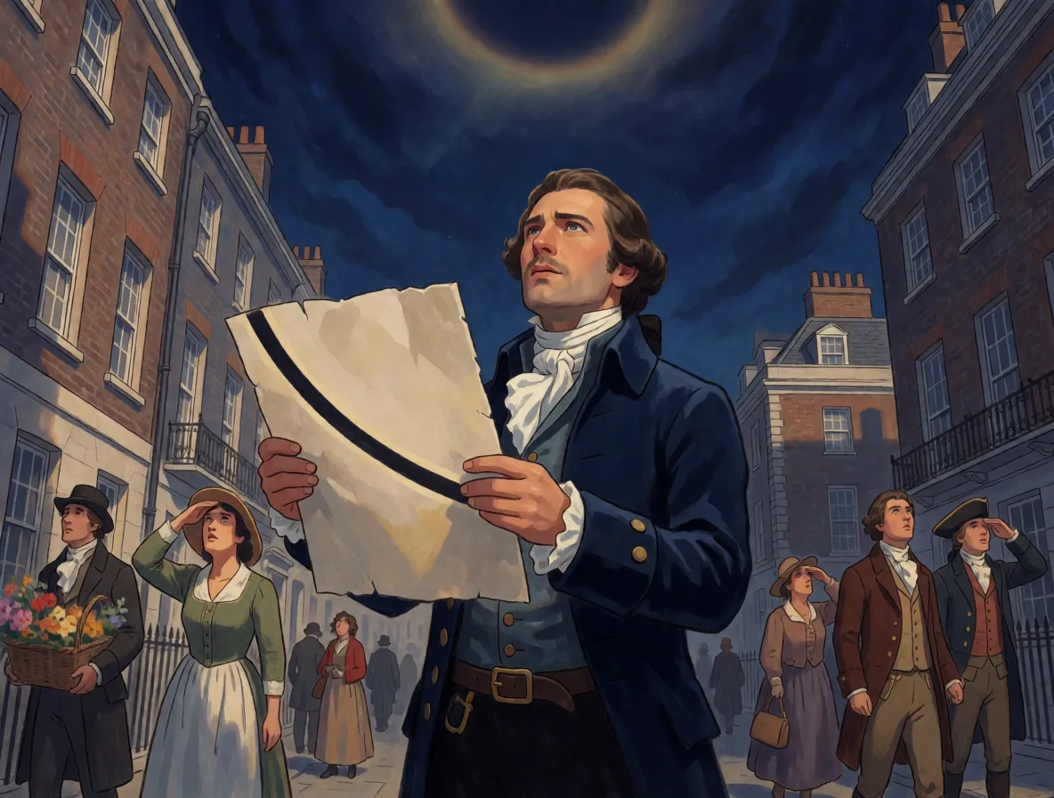 An astronomer in eighteenth century clothing standing in a London street with a large printed map of an eclipse path, watching a darkened sky