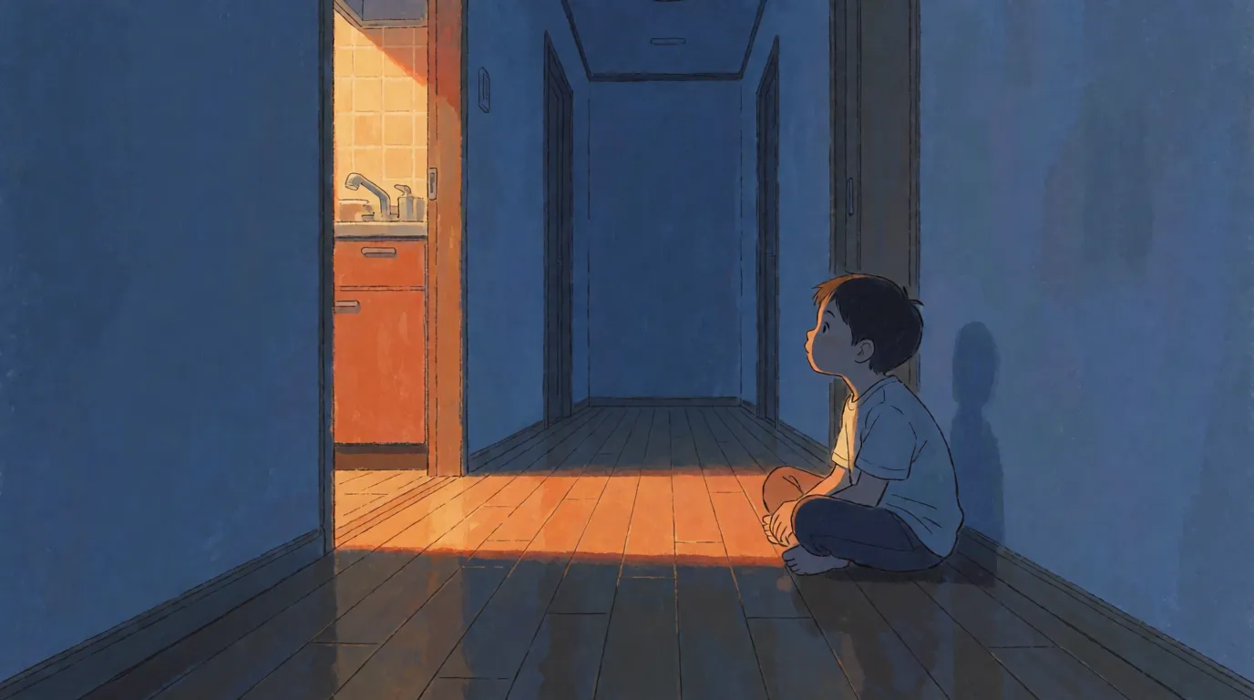 A boy sits in a dark hallway around the corner from an illuminated kitchen doorway